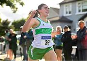 3 October 2021; Lucy Barrett of Raheny Shamrock AC celebrates as she crosses the line to win the Senior Women's race for her team at the Irish Life Health Road Relay Championships in Raheny, Dublin. Photo by Seb Daly/Sportsfile