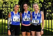 3 October 2021; Dublin City Harriers AC runners, from left, Nadia Power, Edel Monaghan and Jodie McCann after finishing second in the Senior Women's race at the Irish Life Health Road Relay Championships in Raheny, Dublin. Photo by Seb Daly/Sportsfile