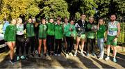 3 October 2021; Raheny Shamrock AC runners with their trophies after the Irish Life Health Road Relay Championships in Raheny, Dublin. Photo by Seb Daly/Sportsfile