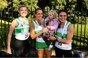 3 October 2021; Raheny Shamrock AC runners, from left, Niamh Kearney, Siobhan Eviston and Lucy Barrett after winning the Senior Women's race at the Irish Life Health Road Relay Championships in Raheny, Dublin. Photo by Seb Daly/Sportsfile