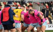 3 October 2021; Leinster players including Cian Healy, Andrew Porter and Dan Sheehan of Leinster prepare to scrum before the United Rugby Championship match between Dragons and Leinster at Rodney Parade in Newport, Wales. Photo by Harry Murphy/Sportsfile