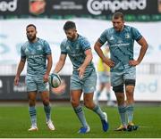 3 October 2021; Leinster players, from left, Jamison Gibson-Park, Ross Byrne and Ross Molony during the United Rugby Championship match between Dragons and Leinster at Rodney Parade in Newport, Wales. Photo by Harry Murphy/Sportsfile