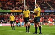 2 October 2021; Referee Andrew Brace, right, and Assistant referee Daniel Carson, watch the big screen for a TMO review during the United Rugby Championship match between Munster and DHL Stormers at Thomond Park in Limerick. Photo by Sam Barnes/Sportsfile