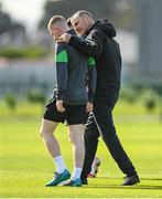 4 October 2021; Manager Jim Crawford, right, and Ross Tierney during a Republic of Ireland U21 training session at the FAI National Training Centre in Abbotstown in Dublin. Photo by Seb Daly/Sportsfile