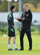 4 October 2021; Manager Jim Crawford, right, and Louie Watson during a Republic of Ireland U21 training session at the FAI National Training Centre in Abbotstown in Dublin. Photo by Seb Daly/Sportsfile
