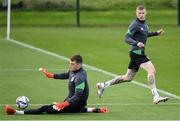 4 October 2021; James McClean, right, and goalkeeper Mark Travers during a Republic of Ireland training session at the FAI National Training Centre in Abbotstown in Dublin. Photo by Stephen McCarthy/Sportsfile
