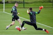 4 October 2021; James McClean, left, and goalkeeper Mark Travers during a Republic of Ireland training session at the FAI National Training Centre in Abbotstown in Dublin. Photo by Stephen McCarthy/Sportsfile