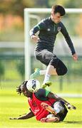 4 October 2021; Alex Gilbert and Joshua Ogunfaolu-Kayode during a Republic of Ireland U21 training session at the FAI National Training Centre in Abbotstown in Dublin. Photo by Seb Daly/Sportsfile