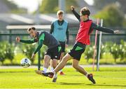 4 October 2021; Lee O'Connor, left, and Ollie O'Neill during a Republic of Ireland U21 training session at the FAI National Training Centre in Abbotstown in Dublin. Photo by Seb Daly/Sportsfile