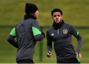 4 October 2021; Andrew Omobamidele, right, and Jeff Hendrick during a Republic of Ireland training session at the FAI National Training Centre in Abbotstown in Dublin. Photo by Stephen McCarthy/Sportsfile