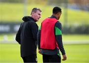 4 October 2021; Manager Stephen Kenny and Adam Idah during a Republic of Ireland training session at the FAI National Training Centre in Abbotstown in Dublin. Photo by Stephen McCarthy/Sportsfile