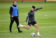 4 October 2021; Jamie McGrath and coach Stephen Rice, left, during a Republic of Ireland training session at the FAI National Training Centre in Abbotstown in Dublin. Photo by Stephen McCarthy/Sportsfile