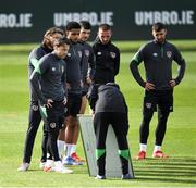 4 October 2021; Players, from left, Harry Arter, Jeff Hendrick, Andrew Omobamidele, John Egan, Conor Hourihane and Enda Stevens listen to coach Anthony Barry during a Republic of Ireland training session at the FAI National Training Centre in Abbotstown in Dublin. Photo by Stephen McCarthy/Sportsfile