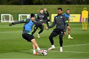 4 October 2021; Callum Robinson, left, and Cyrus Christie during a Republic of Ireland training session at the FAI National Training Centre in Abbotstown in Dublin. Photo by Stephen McCarthy/Sportsfile