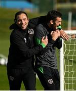 4 October 2021; Coach Stephen Rice and Troy Parrott, right, during a Republic of Ireland training session at the FAI National Training Centre in Abbotstown in Dublin. Photo by Stephen McCarthy/Sportsfile