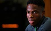 4 October 2021; Chiedozie Ogbene during a Republic of Ireland press conference at the FAI National Training Centre in Abbotstown in Dublin. Photo by Stephen McCarthy/Sportsfile