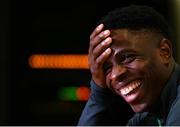 4 October 2021; Chiedozie Ogbene during a Republic of Ireland press conference at the FAI National Training Centre in Abbotstown in Dublin. Photo by Stephen McCarthy/Sportsfile