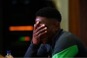 4 October 2021; Chiedozie Ogbene during a Republic of Ireland press conference at the FAI National Training Centre in Abbotstown in Dublin. Photo by Stephen McCarthy/Sportsfile