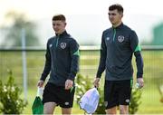 4 October 2021; Kameron Ledwidge, left, and Oisin McEntee before a Republic of Ireland U21 training session at the FAI National Training Centre in Abbotstown in Dublin. Photo by Seb Daly/Sportsfile