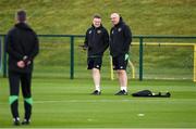 4 October 2021; Andrew Morrissey, StatSports technician, left, and Colum O’Neill, athletic therapist, during a Republic of Ireland training session at the FAI National Training Centre in Abbotstown in Dublin. Photo by Stephen McCarthy/Sportsfile