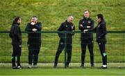 4 October 2021; Coach Stephen Rice, left, in conversation with Republic of Ireland U21's lead performance analysts Martin Doyle and coach Keith Andrews, right, speaks with Republic of Ireland U21 manager Jim Crawford, left, and goalkeeping coach Rene Gilmartin during a Republic of Ireland training session at the FAI National Training Centre in Abbotstown in Dublin. Photo by Stephen McCarthy/Sportsfile