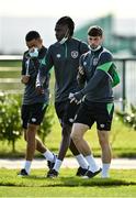 4 October 2021; Will Ferry, Joshua Ogunfaolu-Kayode and Tyreik Wright before a Republic of Ireland U21 training session at the FAI National Training Centre in Abbotstown in Dublin. Photo by Seb Daly/Sportsfile