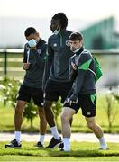 4 October 2021; Will Ferry, Joshua Ogunfaolu-Kayode and Tyreik Wright before a Republic of Ireland U21 training session at the FAI National Training Centre in Abbotstown in Dublin. Photo by Seb Daly/Sportsfile
