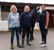 6 October 2021; Trailblazing jockey Rachael Blackmore has become an official ambassador to the Equestrian Centre Charity Festina Lente. The organisation supports people to achieve their personal best through experiences with horses, horticulture, and community. Blackmore recently paid a visit to the centre in Bray Co Wicklow to meet with Dr. Jill Carey as well as staff and students. Dr. Jill Carey, left, with Amy Sherman, centre, and Jockey Rachael Blackmore at the Festina Lente Equestrian Centre in Bray Co Wicklow. Photo by Matt Browne/Sportsfile