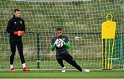 5 October 2021; Goalkeeper Gavin Bazunu and Mark Travers, left, during a Republic of Ireland training session at the FAI National Training Centre in Abbotstown in Dublin. Photo by Stephen McCarthy/Sportsfile