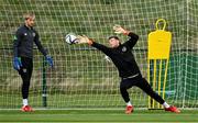 5 October 2021; Goalkeeper Mark Travers and Caoimhin Kelleher, left, during a Republic of Ireland training session at the FAI National Training Centre in Abbotstown in Dublin. Photo by Stephen McCarthy/Sportsfile