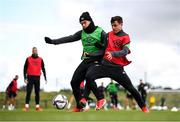 5 October 2021; Aaron Connolly and Josh Cullen, right, during a Republic of Ireland training session at the FAI National Training Centre in Abbotstown in Dublin. Photo by Stephen McCarthy/Sportsfile