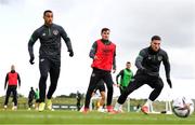 5 October 2021; Players, from left, Adam Idah, Josh Cullen and Matt Doherty during a Republic of Ireland training session at the FAI National Training Centre in Abbotstown in Dublin. Photo by Stephen McCarthy/Sportsfile