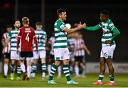 1 October 2021; Aaron Greene of Shamrock Rovers with team-mate Aidomo Emakhu after the SSE Airtricity League Premier Division match between Shamrock Rovers and Derry City at Tallaght Stadium in Dublin. Photo by Eóin Noonan/Sportsfile