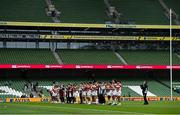 3 July 2021; The Japanese team applaud the limited number of supporters present after the International Rugby Friendly match between Ireland and Japan at Aviva Stadium in Dublin. Photo by Brendan Moran/Sportsfile
