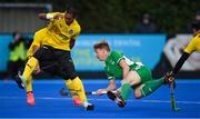 5 October 2021; Sam Hyland of Ireland scores his side's first goal during an international friendly match between Ireland and Malaysia at Lisnagarvey Hockey Club in Hillsborough, Down. Photo by Ramsey Cardy/Sportsfile