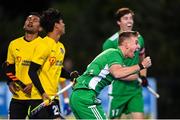 5 October 2021; Conor Empey of Ireland celebrates after scoring his side's second goal during an international friendly match between Ireland and Malaysia at Lisnagarvey Hockey Club in Hillsborough, Down. Photo by Ramsey Cardy/Sportsfile