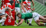 3 July 2021; Chris Farrell of Ireland scores his side's first try during the International Rugby Friendly match between Ireland and Japan at Aviva Stadium in Dublin. Photo by Brendan Moran/Sportsfile