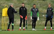 5 October 2021; Goalkeeping coach Dean Kiely with goalkeepers, from left, Mark Travers, Gavin Bazunu and Caoimhin Kelleher during a Republic of Ireland training session at the FAI National Training Centre in Abbotstown in Dublin. Photo by Stephen McCarthy/Sportsfile