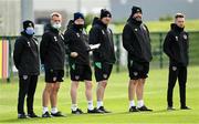 5 October 2021; Backroom staff, from left, Kevin Mulholland, chartered physiotherapist, Danny Miller, chartered physiotherapist, Andrew Morrissey, StatSports technician, Colum O’Neill, athletic therapist, David Forde, sports physiologist, and Sam Rice, athletic therapist, during a Republic of Ireland training session at the FAI National Training Centre in Abbotstown in Dublin. Photo by Stephen McCarthy/Sportsfile