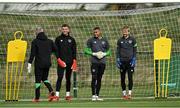 5 October 2021; Goalkeeping coach Dean Kiely with goalkeepers, from left, Mark Travers, Gavin Bazunu and Caoimhin Kelleher during a Republic of Ireland training session at the FAI National Training Centre in Abbotstown in Dublin. Photo by Stephen McCarthy/Sportsfile