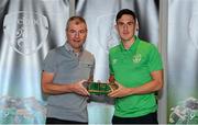6 October 2021; Jamie McGrath is presented with his 2020-2021 Republic of Ireland international cap by former Republic of Ireland player Denis Irwin during a presentation at their team hotel in Dublin. Photo by Stephen McCarthy/Sportsfile