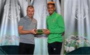 6 October 2021; Callum Robinson is presented with his 2020-2021 Republic of Ireland international cap by former Republic of Ireland player Denis Irwin during a presentation at their team hotel in Dublin. Photo by Stephen McCarthy/Sportsfile