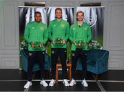 6 October 2021; Goalkeepers, from left, Gavin Bazunu, Mark Travers and Caoimhin Kelleher with their 2020-2021 Republic of Ireland international caps during a presentation at their team hotel in Dublin. Photo by Stephen McCarthy/Sportsfile
