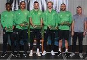 6 October 2021; Republic of Ireland players, from Cork, Chiedozie Ogbene, Adam Idah, John Egan, Caoimhin Kelleher and Conor Hourihane are presented with their 2020-2021 Republic of Ireland international cap by former Republic of Ireland player Denis Irwin during a presentation at their team hotel in Dublin. Photo by Stephen McCarthy/Sportsfile