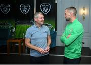 6 October 2021; Conor Hourihane and former Republic of Ireland player Denis Irwin during a 2020-2021 Republic of Ireland international cap presentation at their team hotel in Dublin. Photo by Stephen McCarthy/Sportsfile