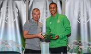 6 October 2021; Adam Idah is presented with his 2020-2021 Republic of Ireland international cap by former Republic of Ireland player Denis Irwin during a presentation at their team hotel in Dublin. Photo by Stephen McCarthy/Sportsfile