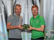 6 October 2021; Daryl Horgan is presented with his 2020-2021 Republic of Ireland international cap by former Republic of Ireland player Denis Irwin during a presentation at their team hotel in Dublin. Photo by Stephen McCarthy/Sportsfile