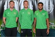 6 October 2021; Republic of Ireland players, from Kildare, Nathan Collins, Mark Travers and Andrew Omobamidele during the 2020-2021 Republic of Ireland international caps presentation at their team hotel in Dublin. Photo by Stephen McCarthy/Sportsfile