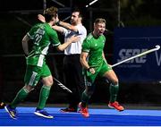 5 October 2021; Conor Empey of Ireland celebrates after scoring his side's third goal with team-mate Michael Robson, left, during an international friendly match between Ireland and Malaysia at Lisnagarvey Hockey Club in Hillsborough, Down. Photo by Ramsey Cardy/Sportsfile