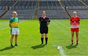 27 June 2021; Referee Lorraine O Sullivan with team captains Clare Owens of Leitrim, left, and Shannen McLoughlin of Louth before the Lidl Ladies Football National League Division 4 Final match between Leitrim and Louth at St Tiernach's Park in Clones, Monaghan. Photo by Brendan Moran/Sportsfile